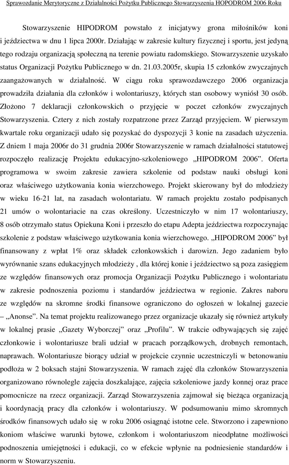 03.2005r, skupia 15 członków zwyczajnych zaangażowanych w działalność.