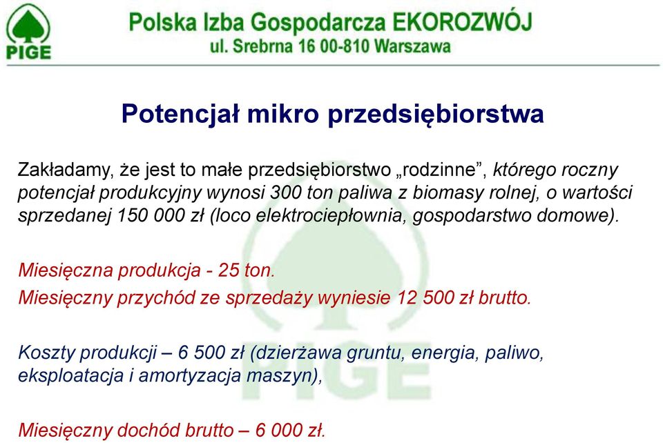 gospodarstwo domowe). Miesięczna produkcja - 25 ton. Miesięczny przychód ze sprzedaży wyniesie 12 500 zł brutto.