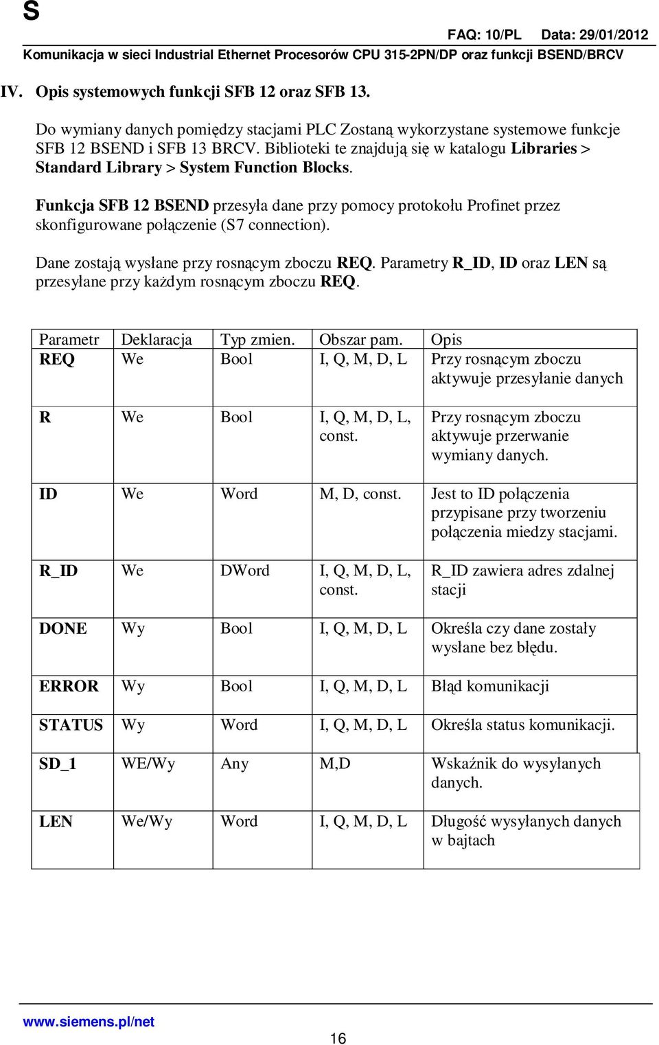 Funkcja SFB 12 BSEND przesy a dane przy pomocy protoko u Profinet przez skonfigurowane po czenie (S7 connection). Dane zostaj wys ane przy rosn cym zboczu REQ.