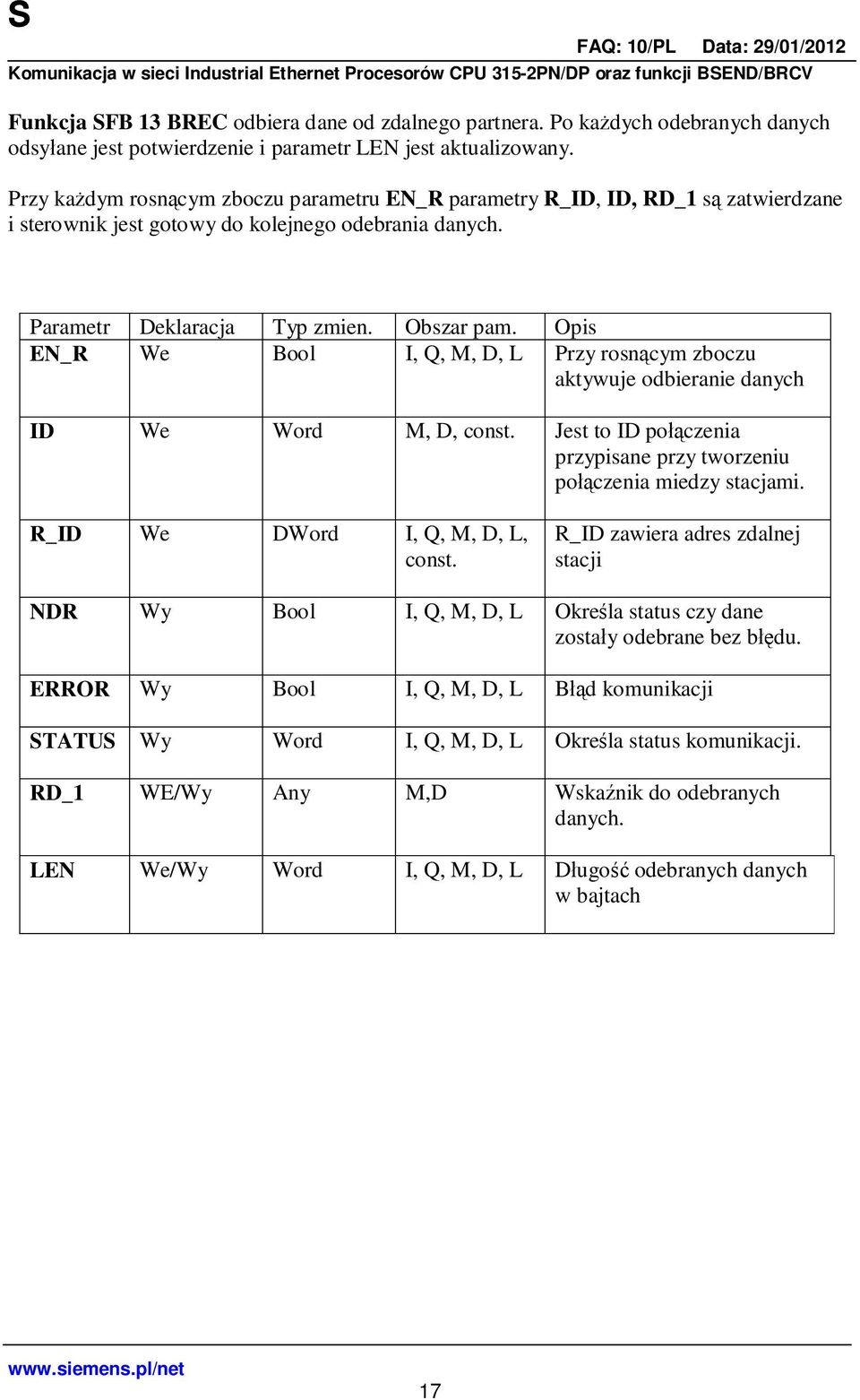 Opis EN_R We Bool I, Q, M, D, L Przy rosn cym zboczu aktywuje odbieranie danych ID We Word M, D, const. Jest to ID po czenia przypisane przy tworzeniu po czenia miedzy stacjami.