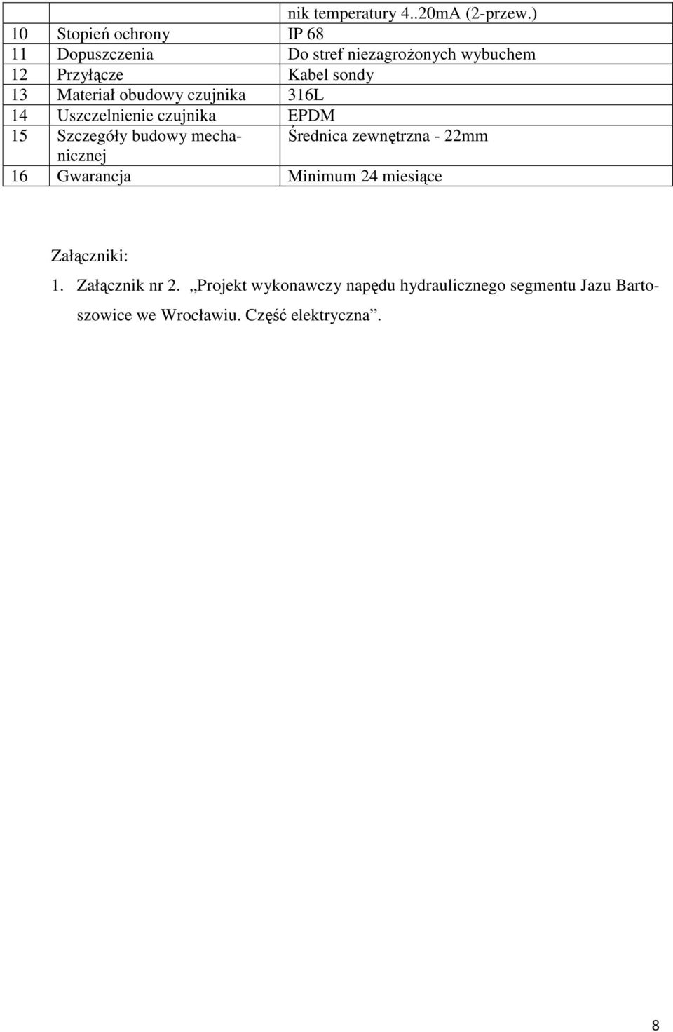 Materiał obudowy czujnika 316L 14 Uszczelnienie czujnika EPDM 15 Szczegóły budowy mechanicznej Średnica