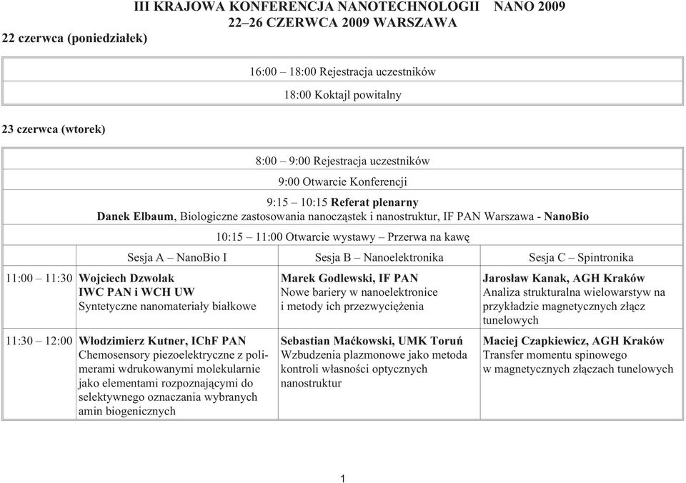 Przerwa na kawê Sesja A NanoBio I Sesja B Nanoelektronika Sesja C Spintronika 11:00 11:30 Wojciech Dzwolak IWC PAN i WCH UW Syntetyczne nanomateria³y bia³kowe 11:30 12:00 W³odzimierz Kutner, IChF PAN