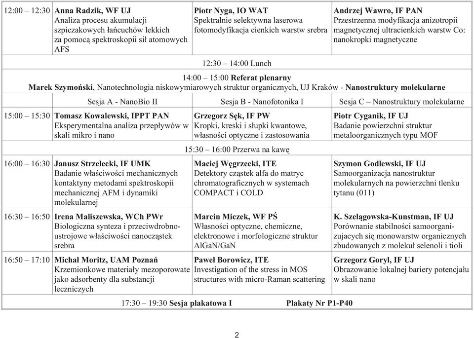 Szymoñski, Nanotechnologia niskowymiarowych struktur organicznych, UJ Kraków - Nanostruktury molekularne Sesja A - NanoBio II Sesja B - Nanofotonika I Sesja C Nanostruktury molekularne 15:00 15:30