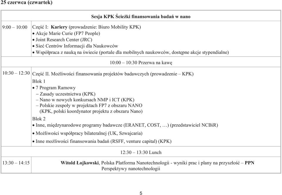 Mo liwoœci finansowania projektów badawczych (prowadzenie KPK) Blok 1 7 Program Ramowy Zasady uczestnictwa (KPK) Nano w nowych konkursach NMP i ICT (KPK) Polskie zespo³y w projektach FP7 z obszaru