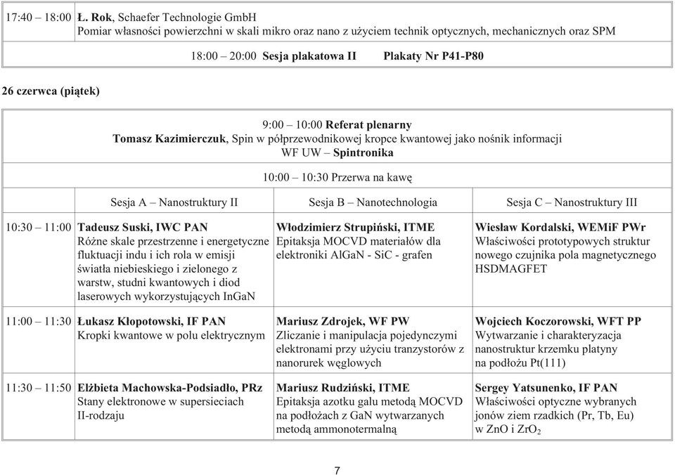 (pi¹tek) 9:00 10:00 Referat plenarny Tomasz Kazimierczuk, Spin w pó³przewodnikowej kropce kwantowej jako noœnik informacji WF UW Spintronika 10:00 10:30 Przerwa na kawê Sesja A Nanostruktury II Sesja