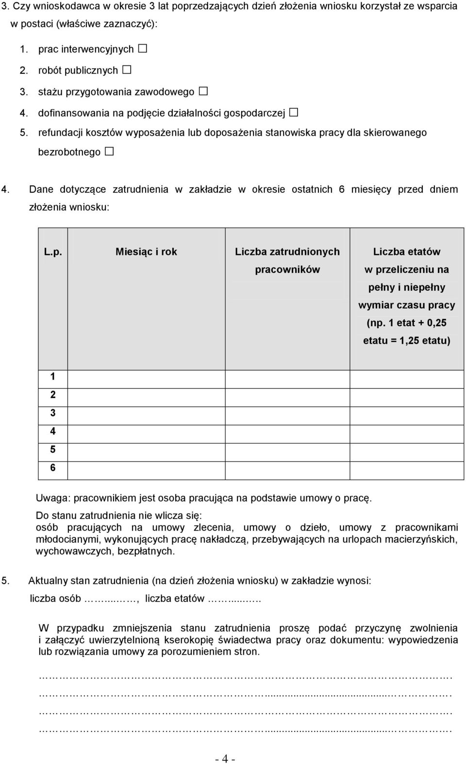 Dane dotyczące zatrudnienia w zakładzie w okresie ostatnich 6 miesięcy przed dniem złożenia wniosku: L.p. Miesiąc i rok Liczba zatrudnionych pracowników Liczba etatów w przeliczeniu na pełny i niepełny wymiar czasu pracy (np.