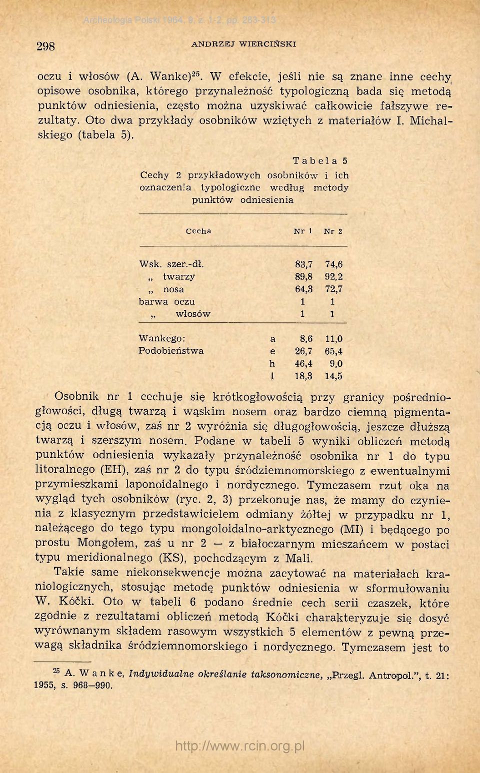 Oto dwa przykłady osobników wziętych z materiałów I. Michalskiego (tabela 5).