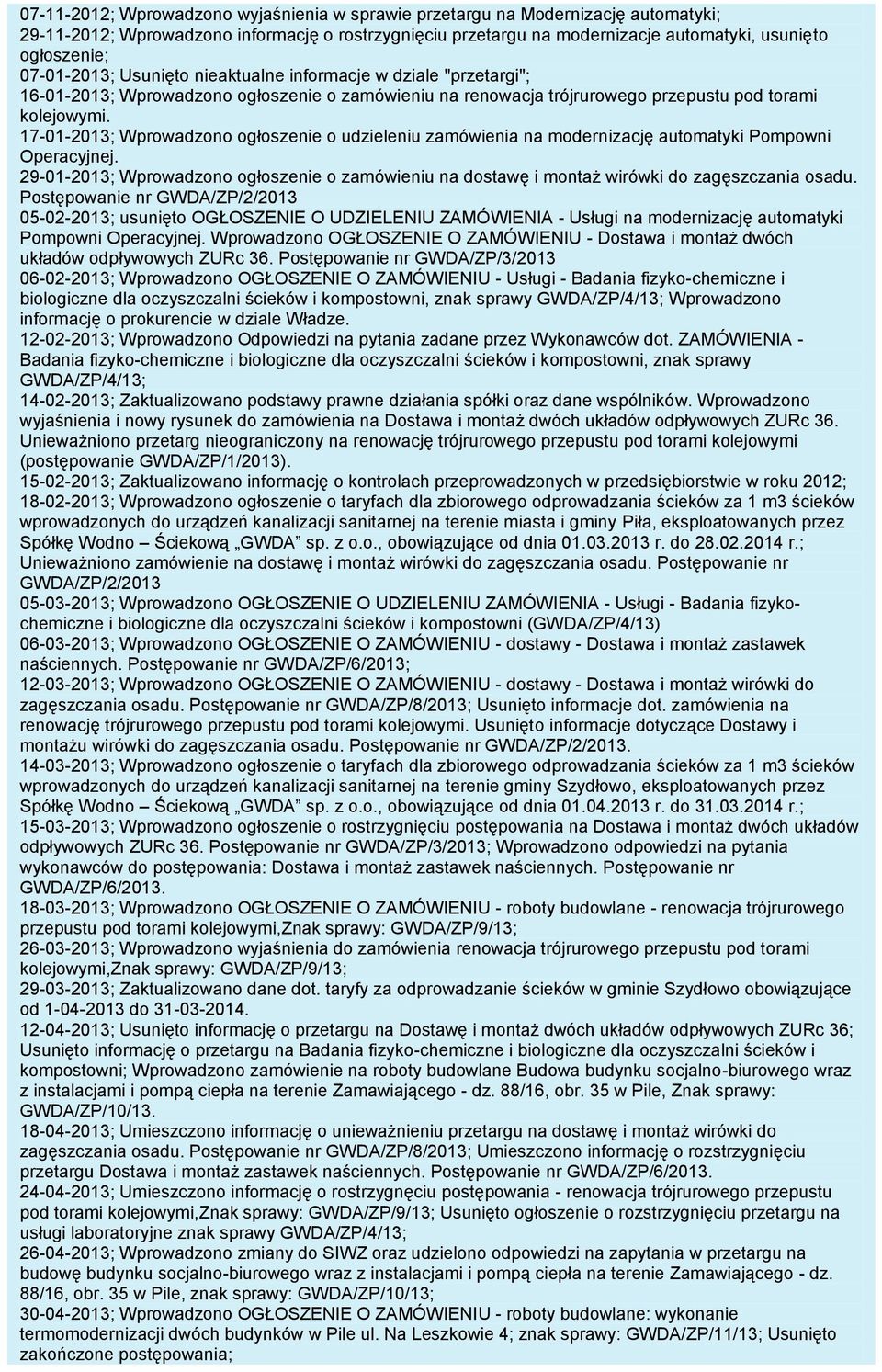 17-01-2013; Wprowadzono ogłoszenie o udzieleniu zamówienia na modernizację automatyki Pompowni Operacyjnej.