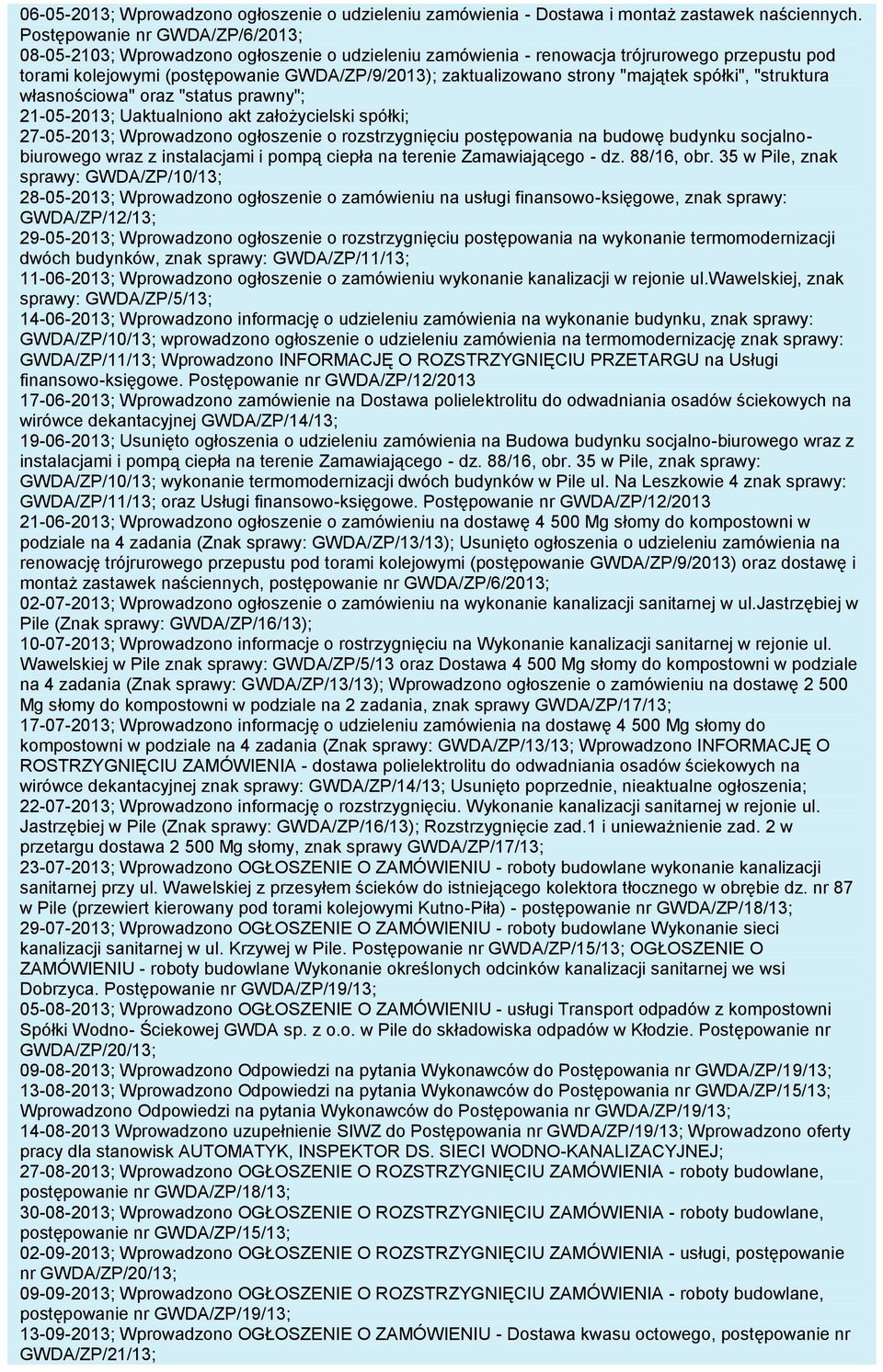 strony "majątek spółki", "struktura własnościowa" oraz "status prawny"; 21-05-2013; Uaktualniono akt założycielski spółki; 27-05-2013; Wprowadzono ogłoszenie o rozstrzygnięciu postępowania na budowę