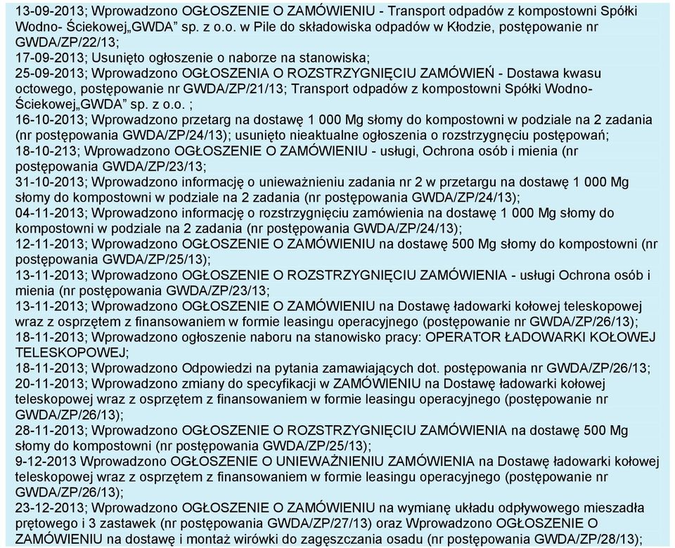 ogłoszenie o naborze na stanowiska; 25-09-2013; Wprowadzono OGŁOSZENIA O ROZSTRZYGNIĘCIU ZAMÓWIEŃ - Dostawa kwasu octowego, postępowanie nr GWDA/ZP/21/13; Transport odpadów z kompostowni Spółki