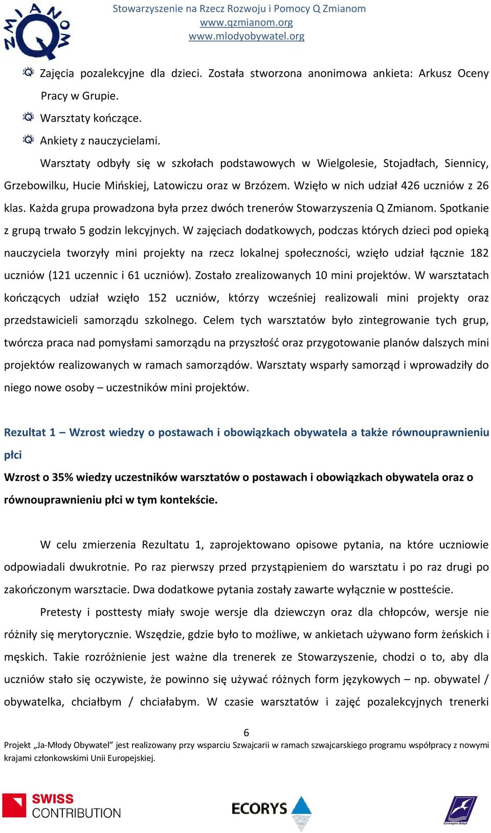 Każda grupa prowadzona była przez dwóch trenerów Stowarzyszenia Q Zmianom. Spotkanie z grupą trwało godzin lekcyjnych.