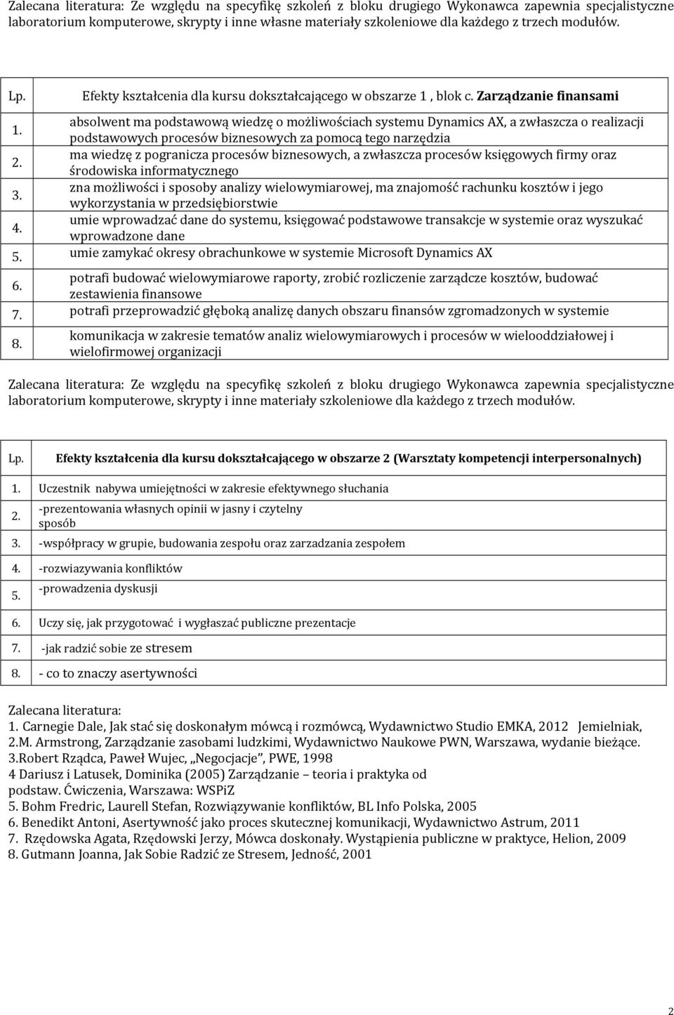 absolwent ma podstawową wiedzę o możliwościach systemu Dynamics AX, a zwłaszcza o realizacji podstawowych procesów biznesowych za pomocą tego narzędzia 2.