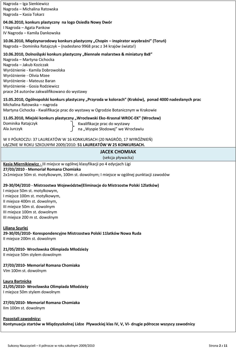 2010, Międzynarodowy konkurs plastyczny Chopin inspirator wyobraźni (Toruo) Nagroda Dominika Ratajczyk (nadesłano 9968 prac z 34 krajów świata!) 10.06.