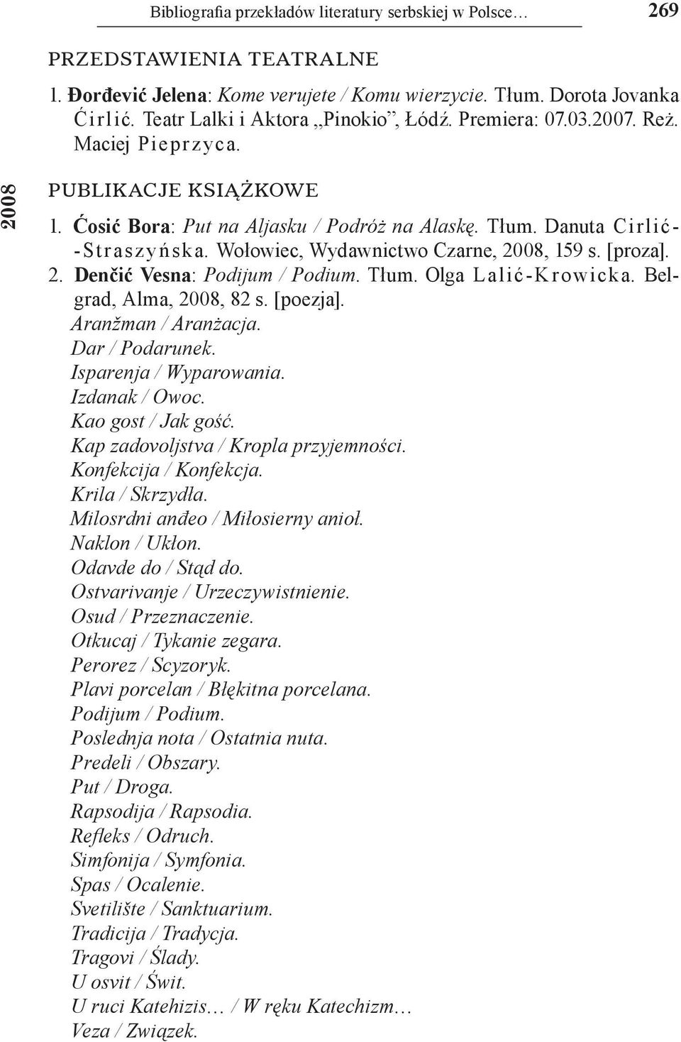 Wołowiec, Wydawnictwo Czarne, 2008, 159 s. [proza]. 2. Denčić Vesna: Podijum / Podium. Tłum. Olga Lalić K rowicka. Belgrad, Alma, 2008, 82 s. [poezja]. Aranžman / Aranżacja. Dar / Podarunek.