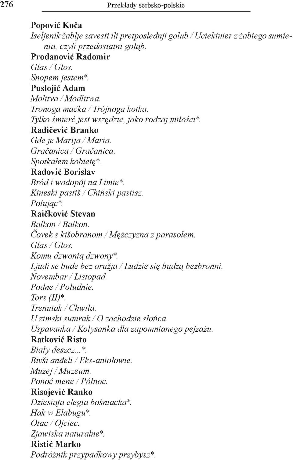 Radović Borislav Bród i wodopój na Limie*. Kineski pastiš / Chiński pastisz. Polując*. Raičković Stevan Balkon / Balkon. Čovek s kišobranom / Mężczyzna z parasolem. Glas / Głos. Komu dzwonią dzwony*.