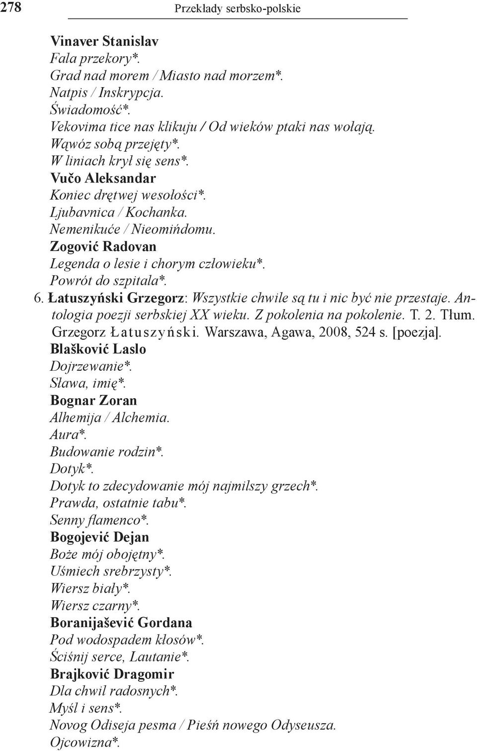 Powrót do szpitala*. 6. Łatuszyński Grzegorz: Wszystkie chwile są tu i nic być nie przestaje. Antologia poezji serbskiej XX wieku. Z pokolenia na pokolenie. T. 2. Tłum. Grzegorz Ł at u sz y ń sk i.
