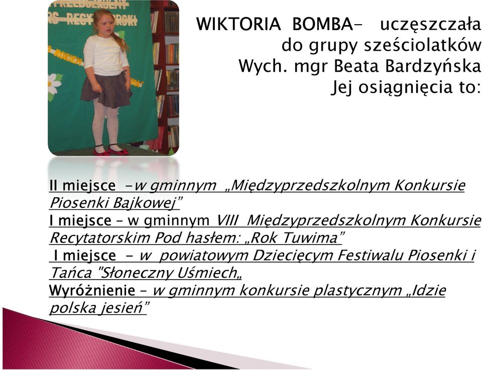 miejsce w gminnym VIII Międzyprzedszkolnym Konkursie Recytatorskim Pod hasłem: Rok Tuwima I