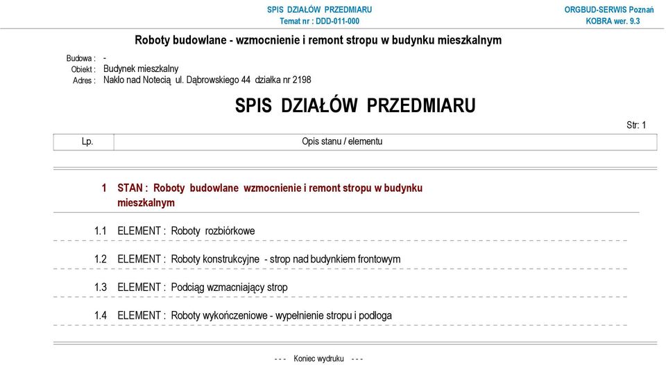 SPIS DZIAŁÓW PRZEDMIARU Opis stanu / elementu Str: 1 1 STAN : Roboty budowlane wzmocnienie i remont stropu w budynku 1.