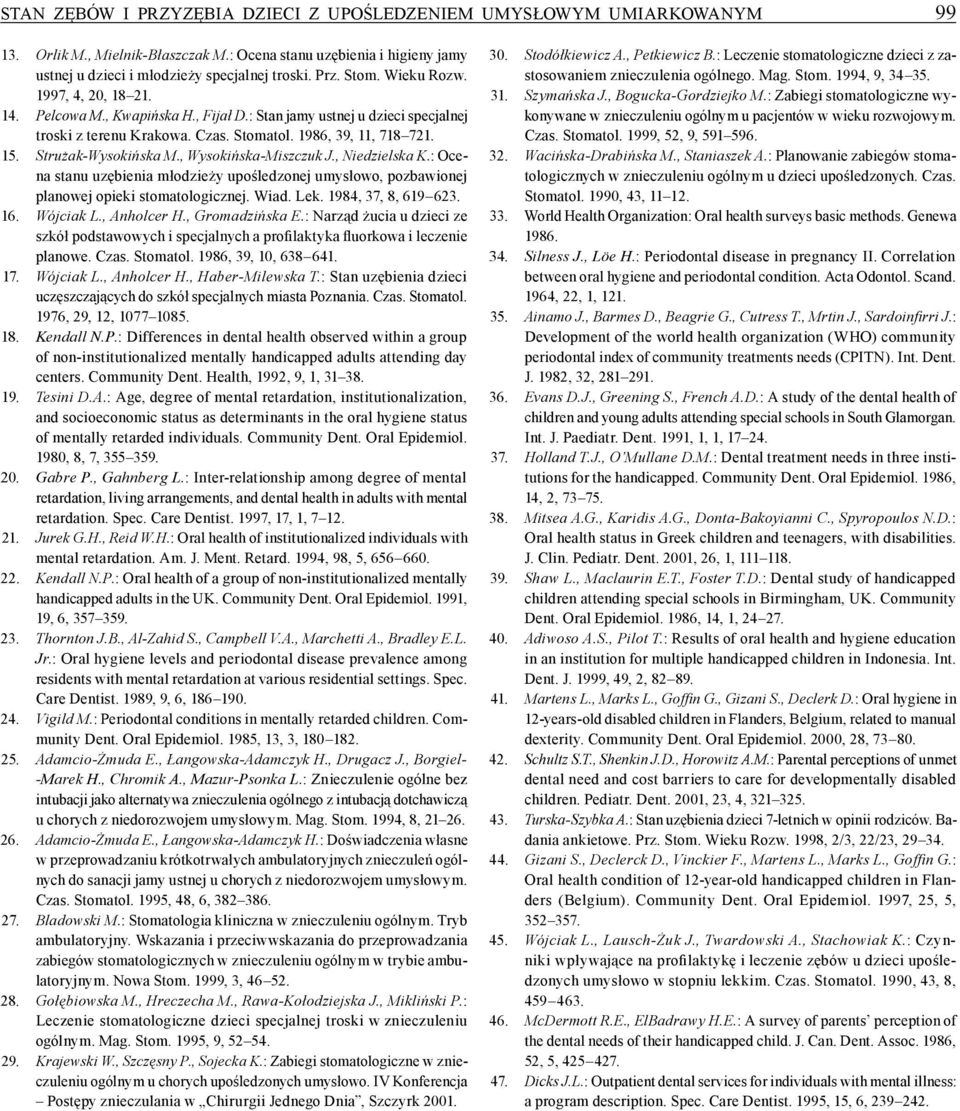 Strużak-Wysokińska M., Wysokińska-Miszczuk J., Niedzielska K.: Ocena stanu uzębienia młodzieży upośledzonej umysłowo, pozbawionej planowej opieki stomatologicznej. Wiad. Lek. 1984, 37, 8, 619 623. 16.