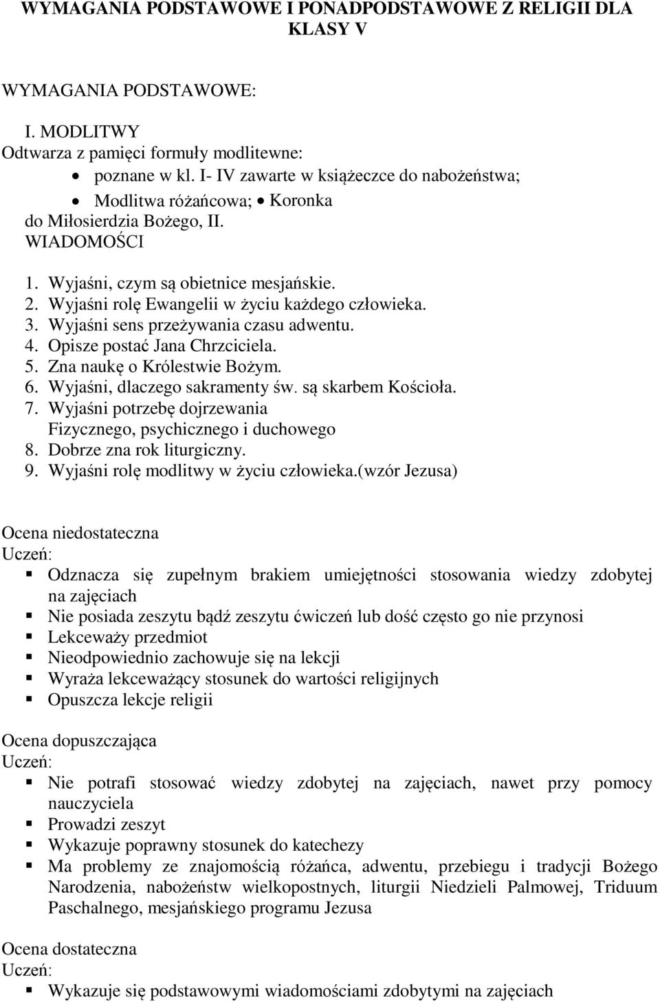 Wyjaśni rolę Ewangelii w życiu każdego człowieka. 3. Wyjaśni sens przeżywania czasu adwentu. 4. Opisze postać Jana Chrzciciela. 5. Zna naukę o Królestwie Bożym. 6. Wyjaśni, dlaczego sakramenty św.