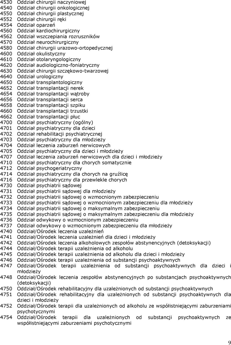 audiologiczno-foniatryczny 4630 Oddział chirurgii szczękowo-twarzowej 4640 Oddział urologiczny 4650 Oddział transplantologiczny 4652 Oddział transplantacji nerek 4654 Oddział transplantacji wątroby