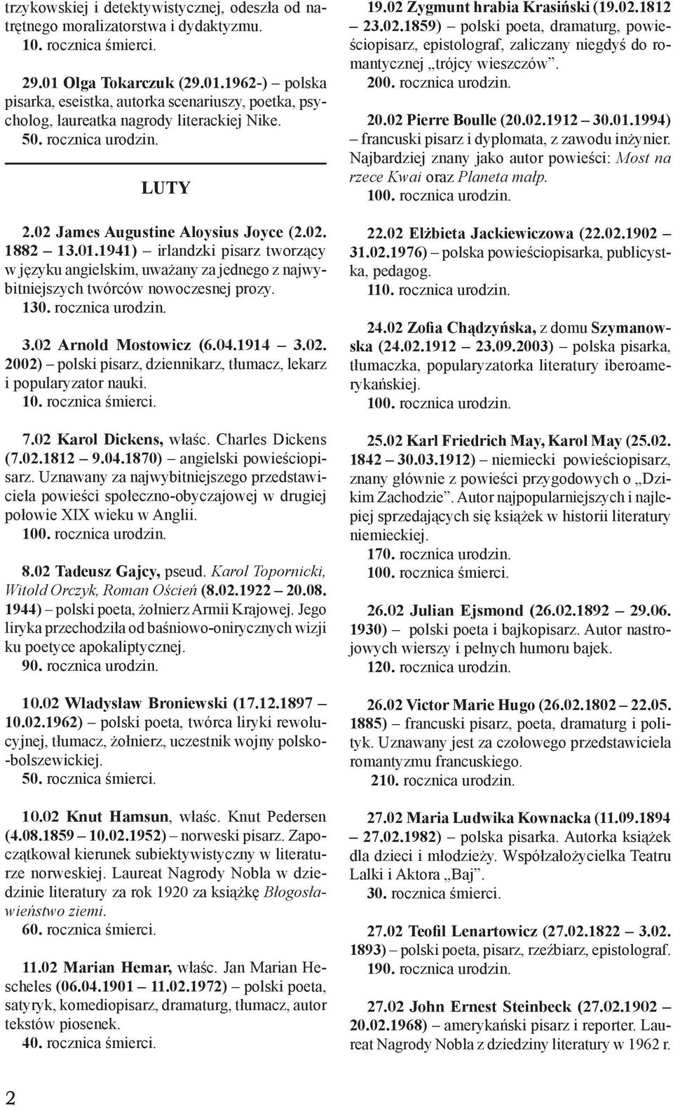 01.1941) irlandzki pisarz tworzący w języku angielskim, uważany za jednego z najwybitniejszych twórców nowoczesnej prozy. 130. rocznica urodzin. 3.02 