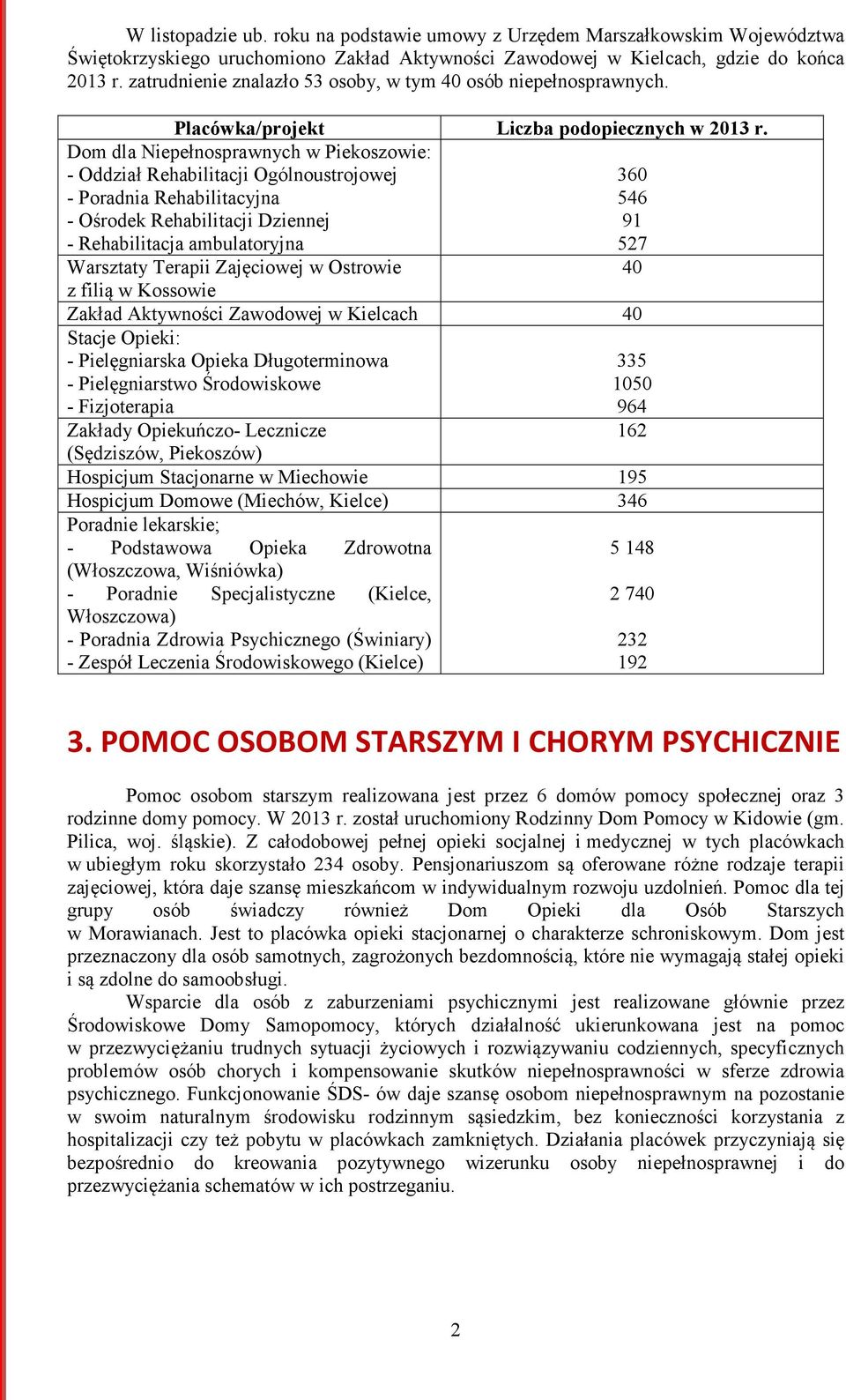 Dom dla Niepełnosprawnych w Piekoszowie: - Oddział Rehabilitacji Ogólnoustrojowej - Poradnia Rehabilitacyjna - Ośrodek Rehabilitacji Dziennej - Rehabilitacja ambulatoryjna Warsztaty Terapii