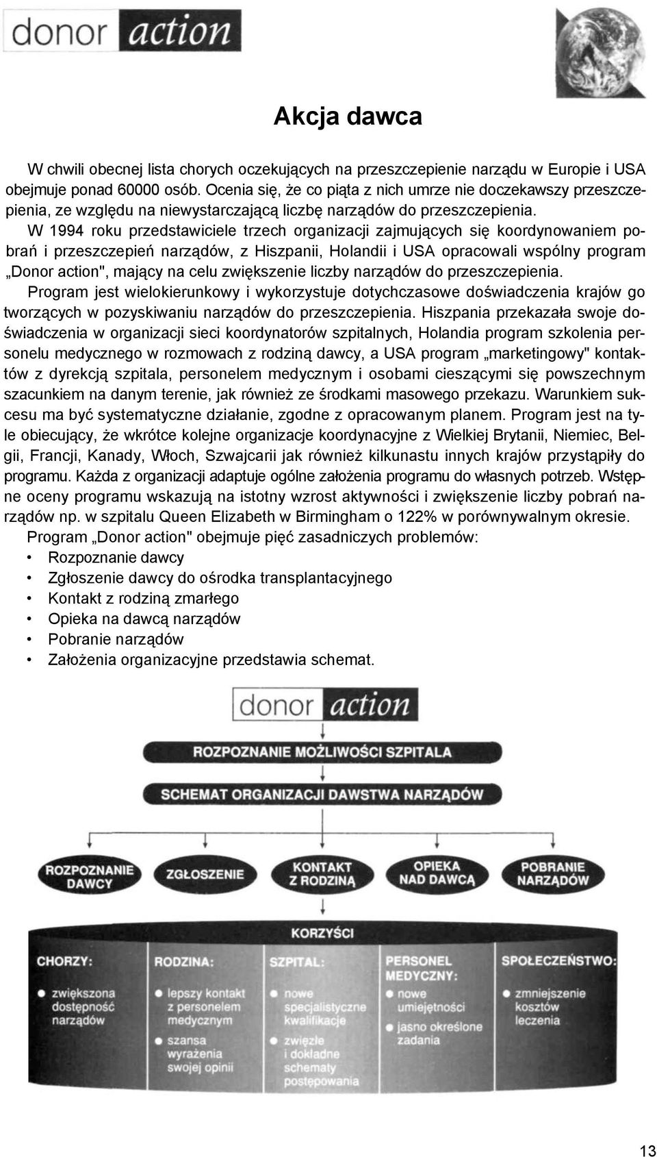W 1994 roku przedstawiciele trzech organizacji zajmujących się koordynowaniem pobrań i przeszczepień narządów, z Hiszpanii, Holandii i USA opracowali wspólny program Donor action", mający na celu