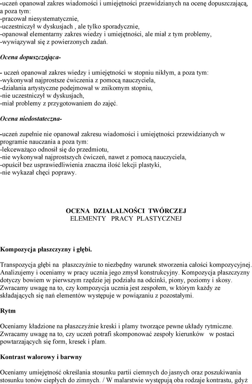 Ocena dopuszczająca- - uczeń opanował zakres wiedzy i umiejętności w stopniu nikłym, a poza tym: -wykonywał najprostsze ćwiczenia z pomocą nauczyciela, -działania artystyczne podejmował w znikomym