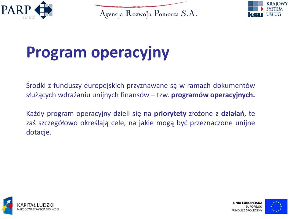Każdy program operacyjny dzieli się na priorytety złożone z działań, te Każdy program