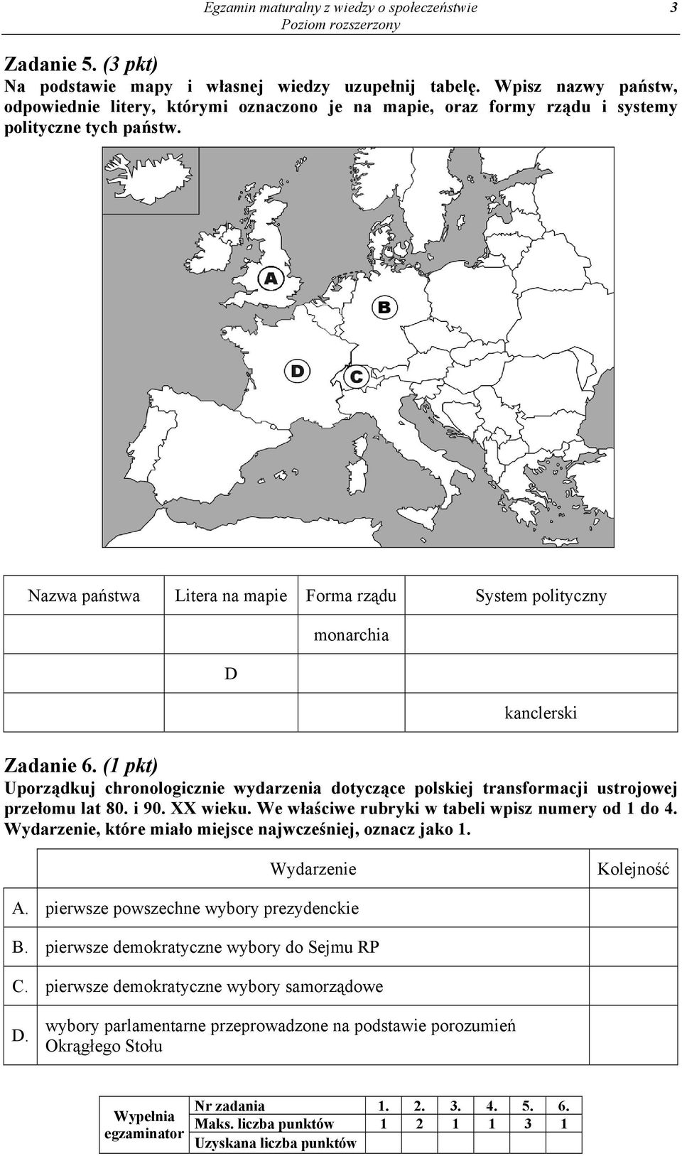 Nazwa państwa Litera na mapie Forma rządu System polityczny monarchia D kanclerski Zadanie 6. (1 pkt) Uporządkuj chronologicznie wydarzenia dotyczące polskiej transformacji ustrojowej przełomu lat 80.