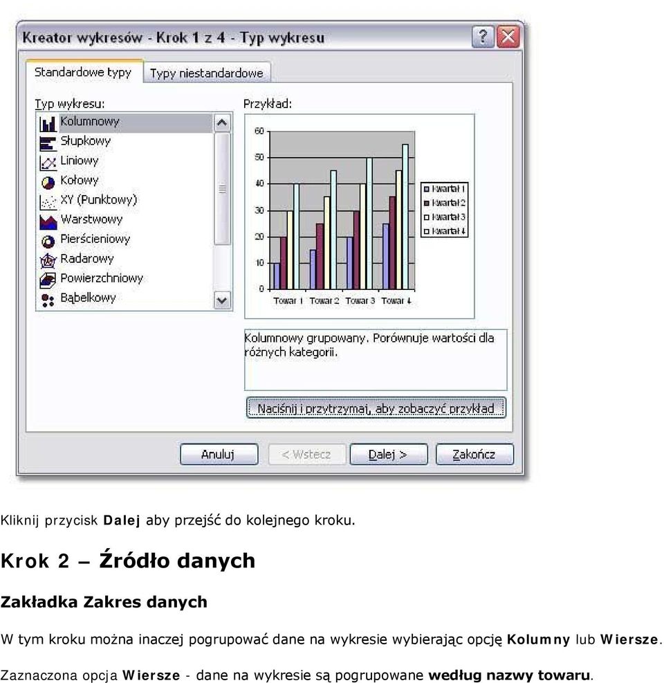 inaczej pogrupować dane na wykresie wybierając opcję Kolumny lub