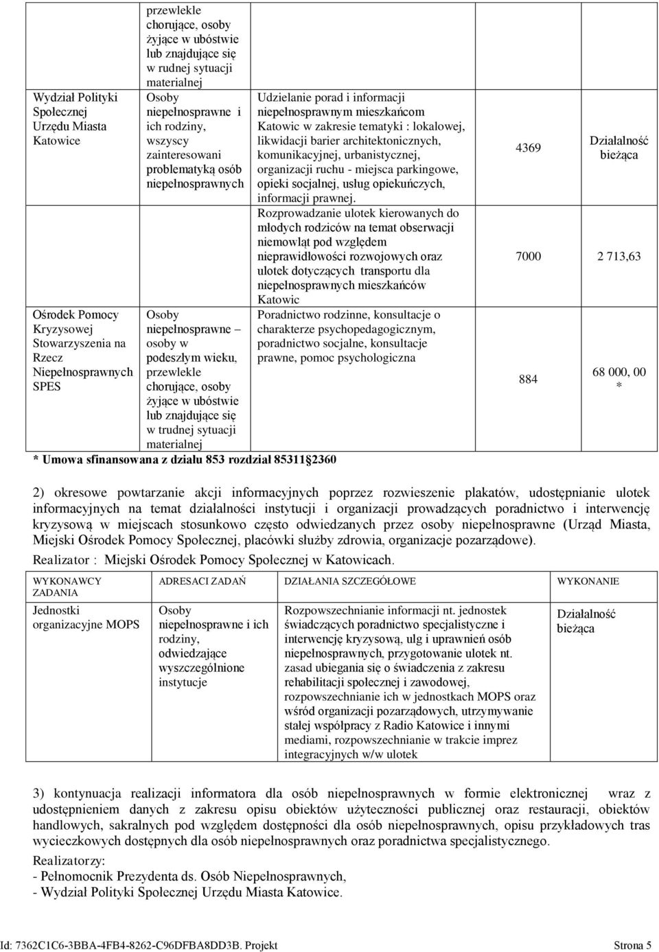znajdujące się w trudnej sytuacji materialnej * Umowa sfinansowana z działu 853 rozdział 85311 2360 Udzielanie porad i informacji niepełnosprawnym mieszkańcom Katowic w zakresie tematyki : lokalowej,