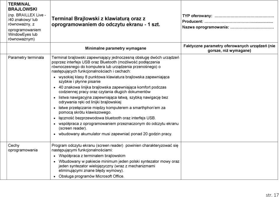 Minimalne parametry wymagane Terminal brajlowski zapewniający jednoczesną obsługę dwóch urządzeń poprzez interfejs USB oraz Bluetooth (możliwość podłączenia równoczesnego do komputera lub urządzenia
