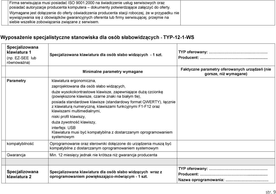 zobowiązania związane z serwisem. Wyposażenie specjalistyczne stanowiska dla osób słabowidzących - TYP-12-1-WS Specjalizowana klawiatura 1 (np.