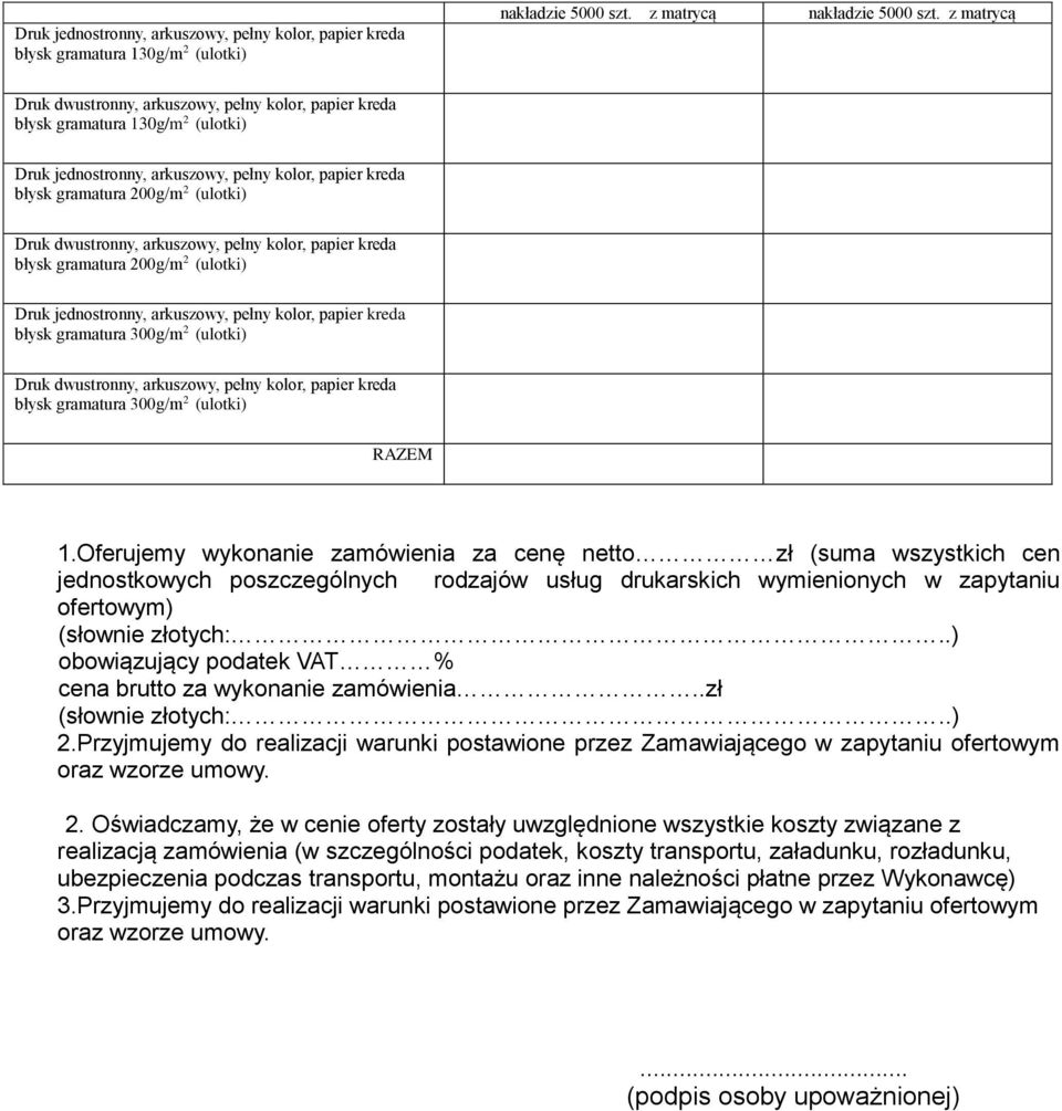 Oferujemy wykonanie zamówienia za cenę netto zł (suma wszystkich cen jednostkowych poszczególnych rodzajów usług drukarskich wymienionych w zapytaniu ofertowym) (słownie złotych:.