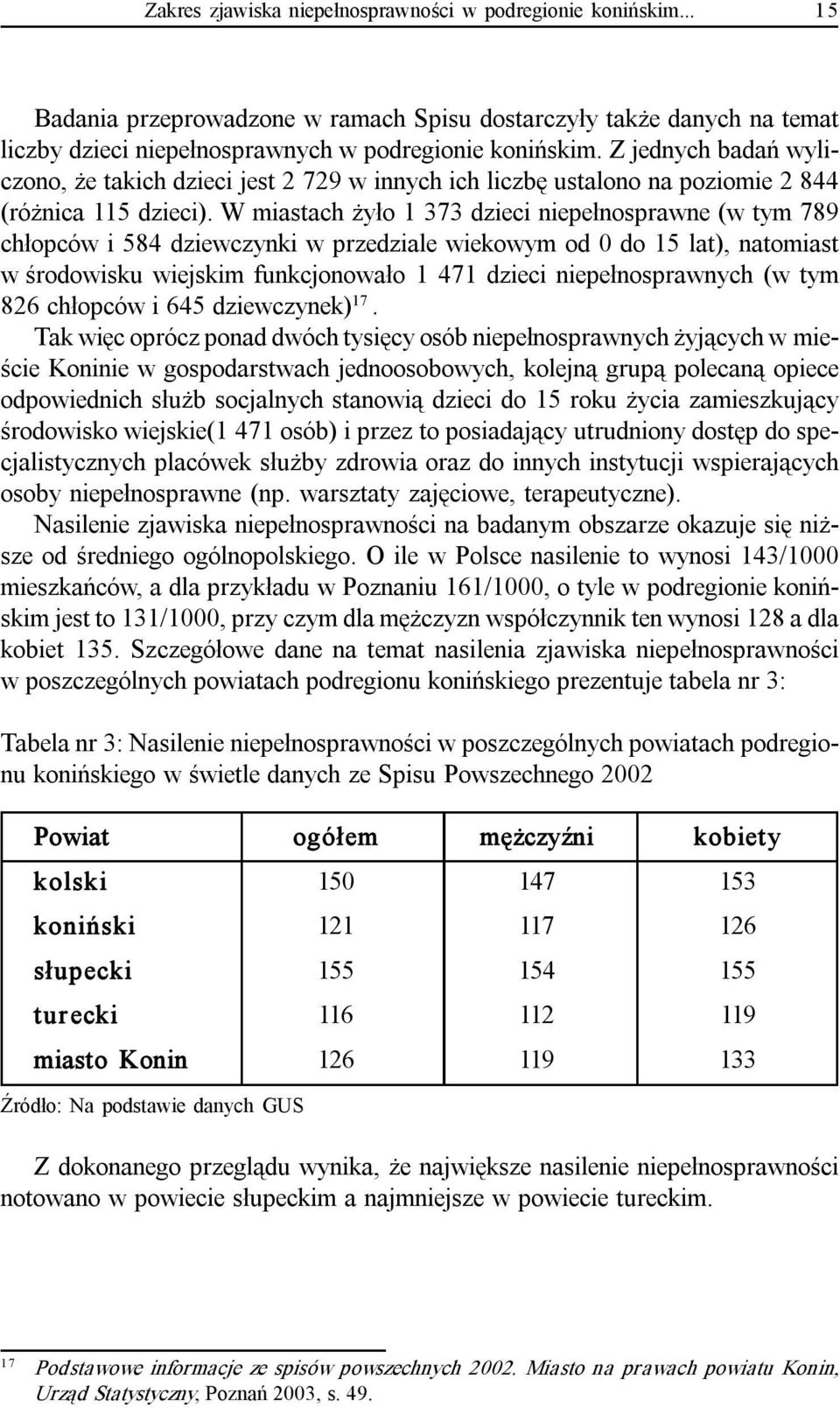 W miastach żyło 1 373 dzieci niepełnosprawne (w tym 789 chłopców i 584 dziewczynki w przedziale wiekowym od 0 do 15 lat), natomiast w środowisku wiejskim funkcjonowało 1 471 dzieci niepełnosprawnych