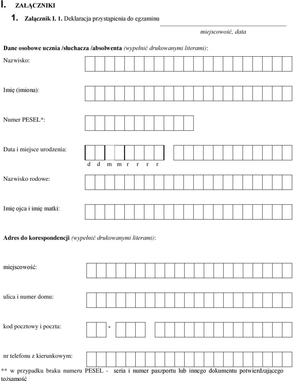 Deklaracja przystąpienia do egzaminu miejscowość, data Dane osobowe ucznia /słuchacza /absolwenta (wypełnić drukowanymi literami):
