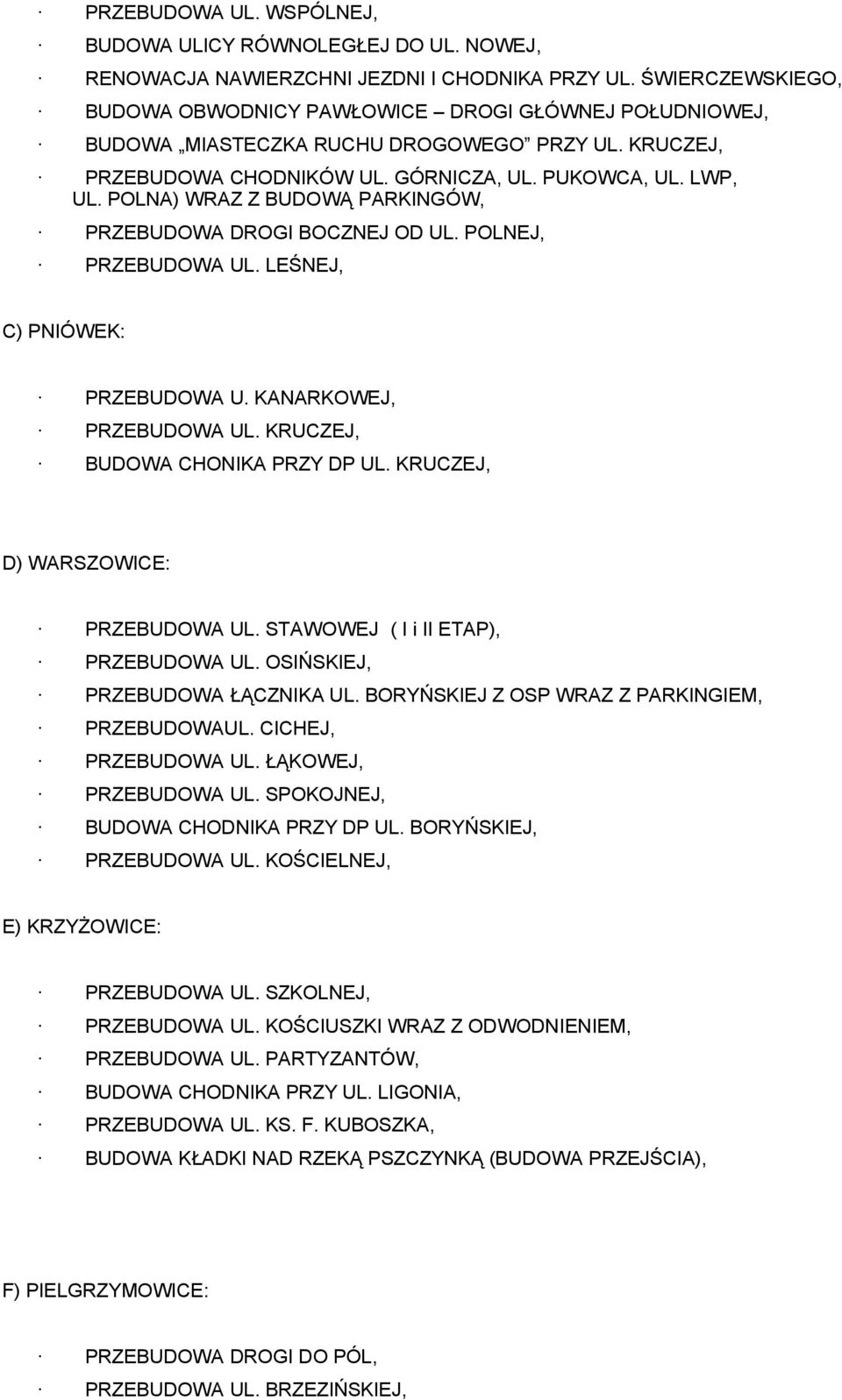 POLNA) WRAZ Z BUDOWĄ PARKINGÓW, PRZEBUDOWA DROGI BOCZNEJ OD UL. POLNEJ, PRZEBUDOWA UL. LEŚNEJ, C) PNIÓWEK: PRZEBUDOWA U. KANARKOWEJ, PRZEBUDOWA UL. KRUCZEJ, BUDOWA CHONIKA PRZY DP UL.
