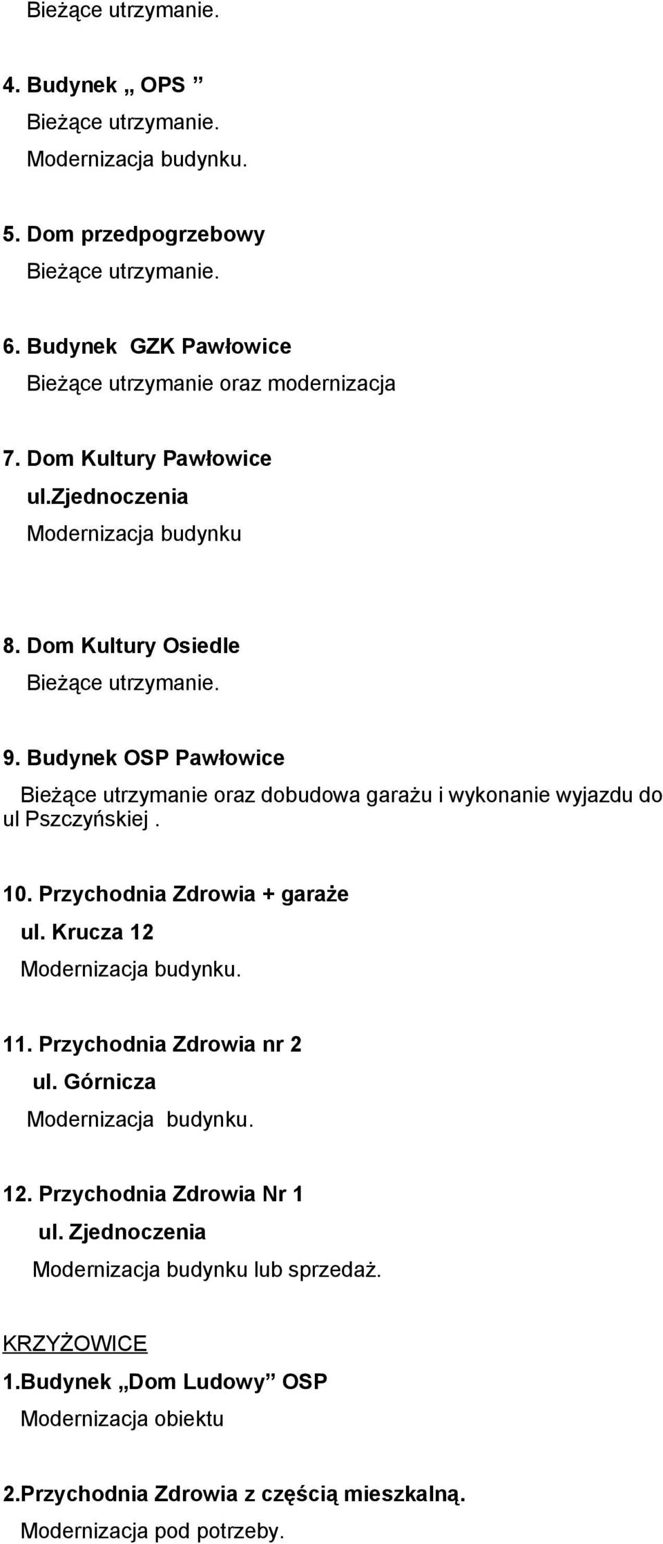 10. Przychodnia Zdrowia + garaże ul. Krucza 12 Modernizacja budynku. 11. Przychodnia Zdrowia nr 2 ul. Górnicza Modernizacja budynku. 12. Przychodnia Zdrowia Nr 1 ul.