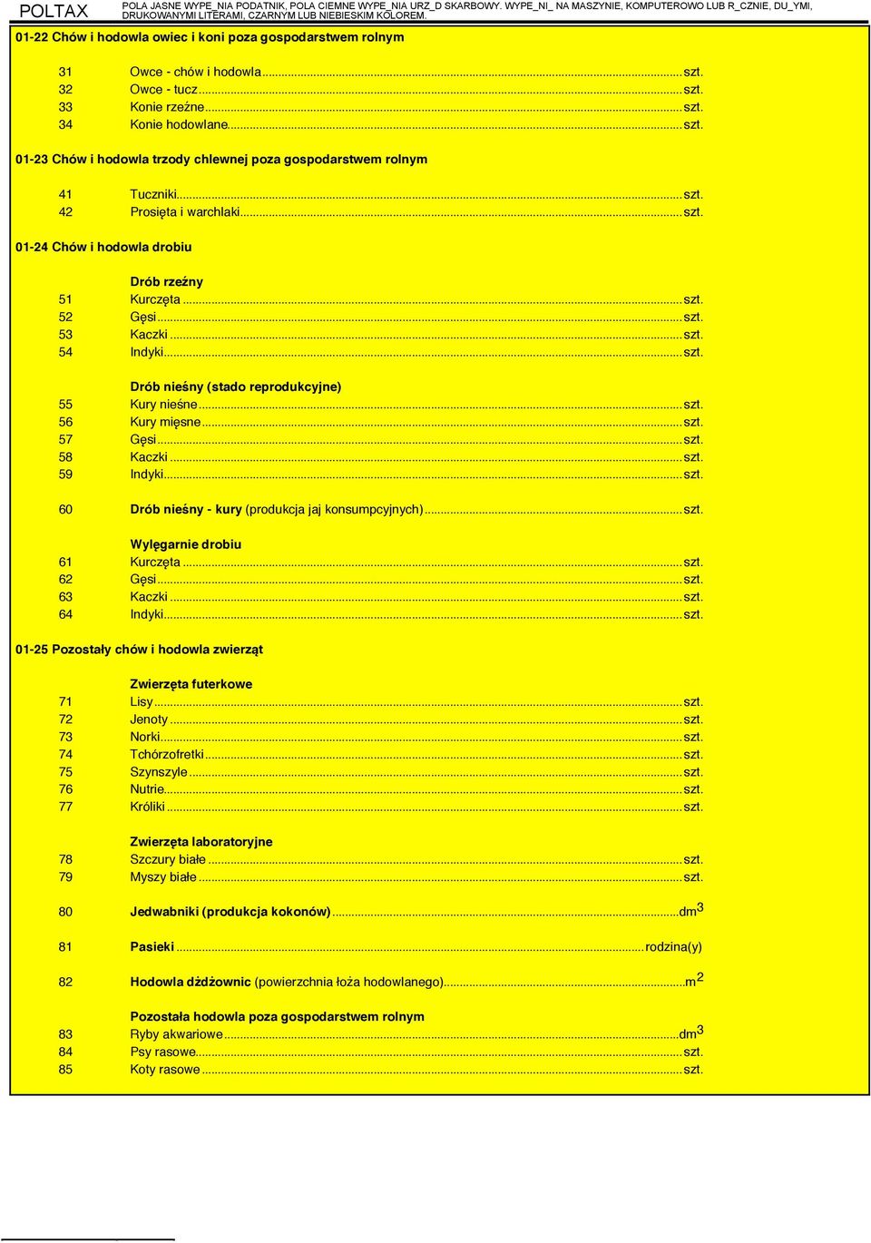 ..szt. 42 Prosięta i warchlaki...szt. 0124 Chów i hodowla drobiu Drób rzeźny 51 Kurczęta...szt. 52 Gęsi...szt. 53 Kaczki...szt. 54 Indyki...szt. Drób nieśny (stado reprodukcyjne) 55 Kury nieśne...szt. 56 Kury mięsne.