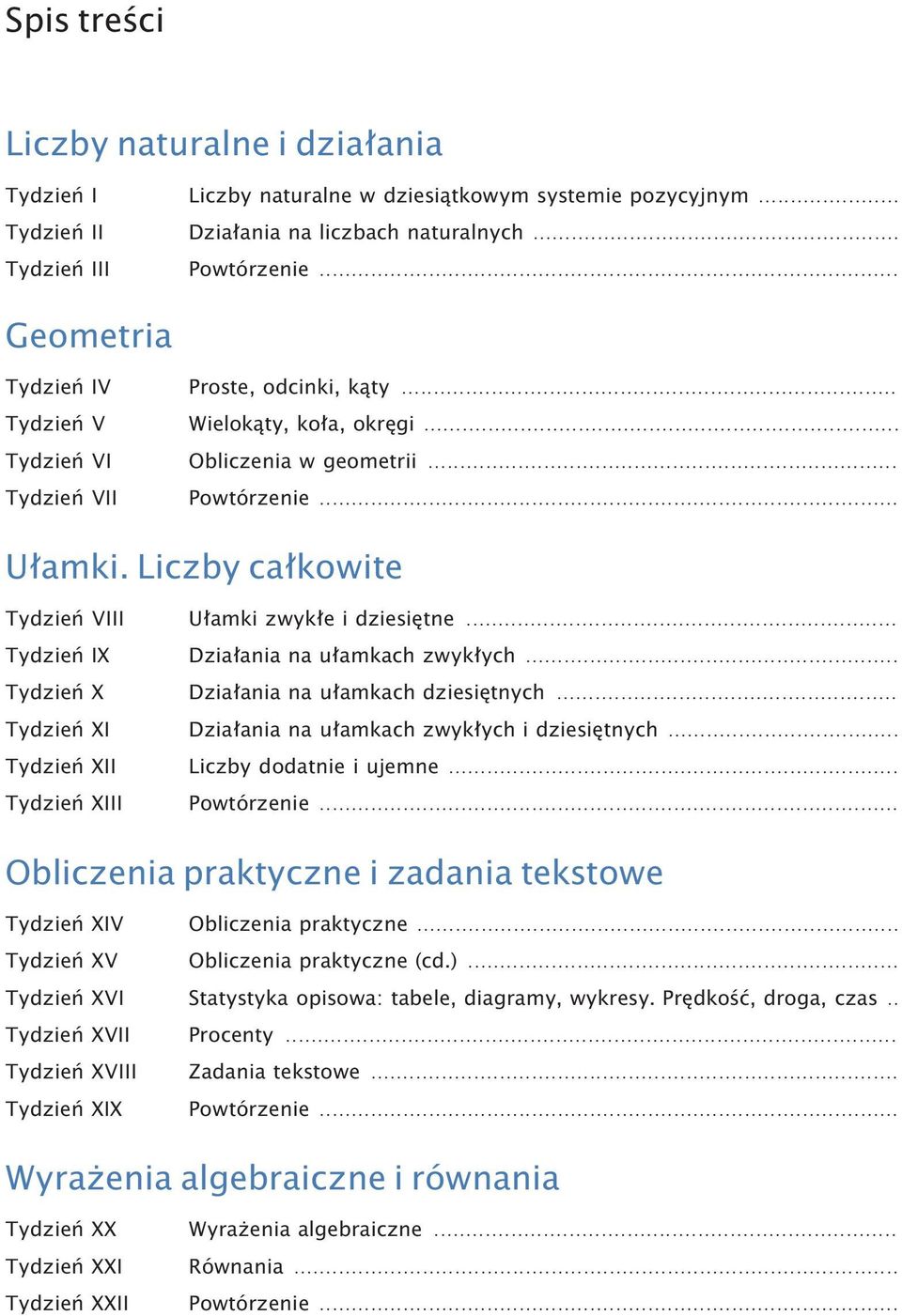 Liczby całkowite Tydzień VIII Ułamki zwykłe i dziesiętne... Tydzień IX Działania na ułamkach zwykłych... Tydzień X Działania na ułamkach dziesiętnych.