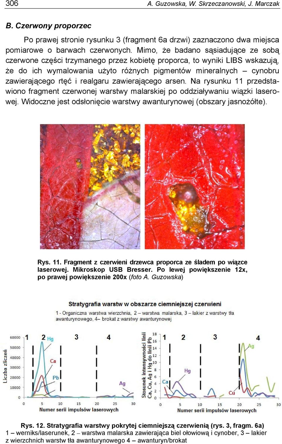 realgaru zawierającego arsen. Na rysunku 11 przedstawiono fragment czerwonej warstwy malarskiej po oddziaływaniu wiązki laserowej. Widoczne jest odsłonięcie warstwy awanturynowej (obszary jasnożółte).