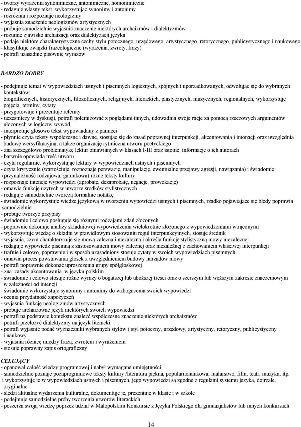 potocznego, urzędowego, artystycznego, retorycznego, publicystycznego i naukowego - klasyfikuje związki frazeologiczne (wyrażenia, zwroty, frazy) - potrafi uzasadnić pisownię wyrazów BARDZO DOBRY -