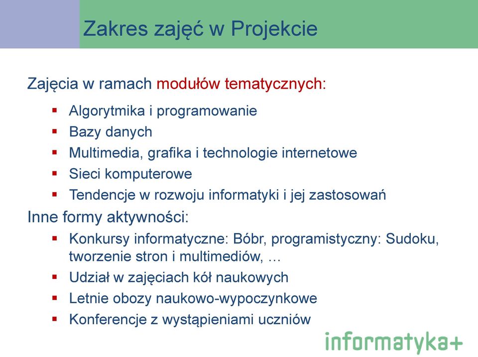 zastosowań Inne formy aktywności: Konkursy informatyczne: Bóbr, programistyczny: Sudoku, tworzenie stron i