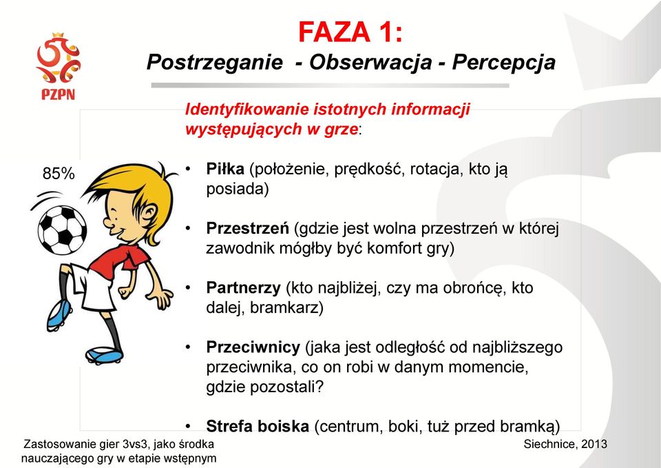 wolna przestrzeń w której zawodnik mógłby być komfort gry) Partnerzy (kto najbliżej, czy ma obrońcę, kto dalej, bramkarz) Przeciwnicy