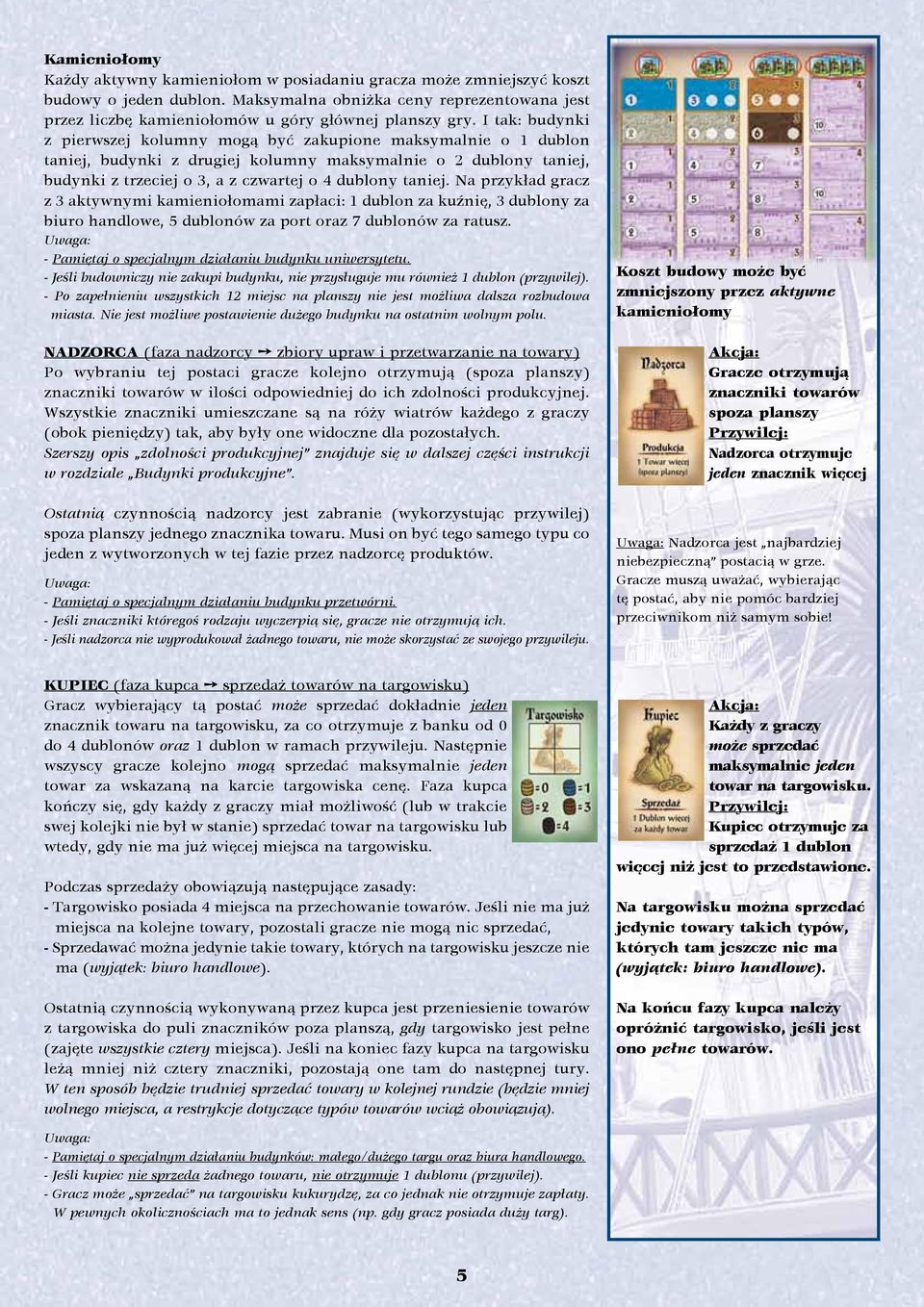 I tak: budynki z pierwszej kolumny mogą być zakupione maksymalnie o 1 dublon taniej, budynki z drugiej kolumny maksymalnie o 2 dublony taniej, budynki z trzeciej o 3, a z czwartej o 4 dublony taniej.