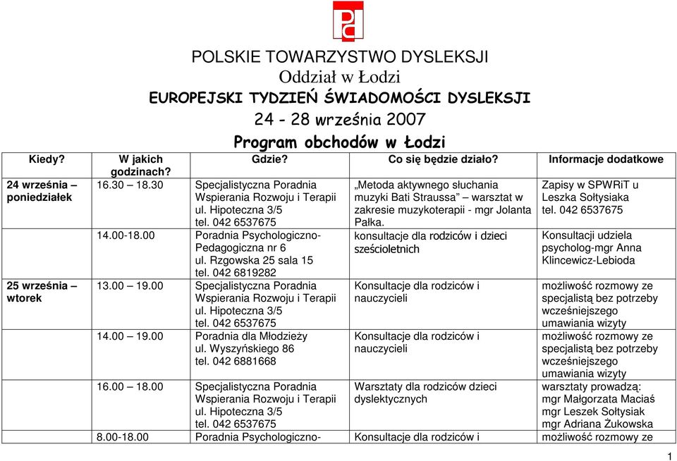 Gdzie? Co się będzie działo? Informacje dodatkowe 16.30 18.