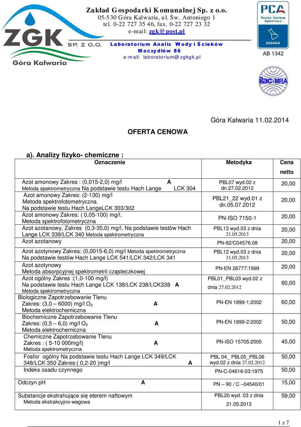 Metoda spektrofotometryczna PN-ISO 7150-1 zot azotanowy, Zakres (0,3-35,0) mg/l, Na podstawie testów Hach PBL13 wyd.03 z dnia Lange LCK 339/LCK 340 21.05.2013 zot azotanowy PN-82/C04576.