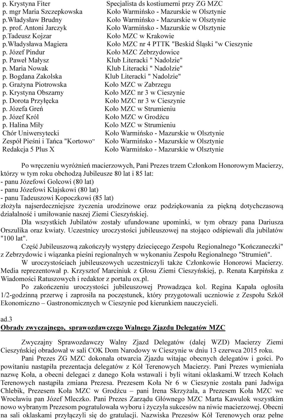 Paweł Małysz Klub Literacki " Nadolzie" p. Maria Nowak Klub Literacki " Nadolzie" p. Bogdana Zakolska Klub Literacki " Nadolzie" p. Grażyna Piotrowska Koło MZC w Zabrzegu p.